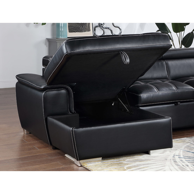 U-Shaped Sectional Sleeper Sofa with Pull Out Bed and Storage Chaise Lounge and Adjustable Headrests, Black Breathable Leatherette