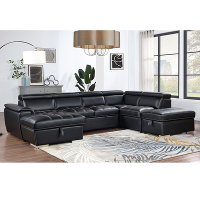 U-Shaped Sectional Sleeper Sofa with Pull Out Bed and Storage Chaise Lounge and Adjustable Headrests, Black Breathable Leatherette
