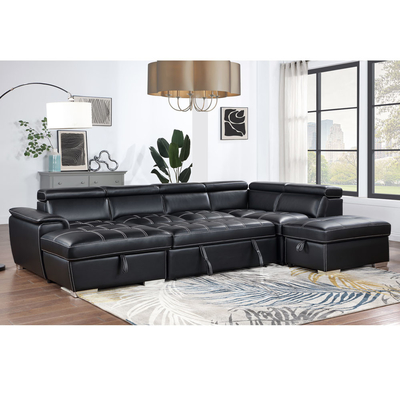 U-Shaped Sectional Sleeper Sofa with Pull Out Bed and Storage Chaise Lounge and Adjustable Headrests, Black Breathable Leatherette