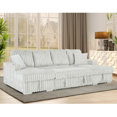 U-Shaped Sectional Sleeper Sofa with Pull Out Bed and Storage Chaise and Cup Holders, Light Gray Corduroy Fabric