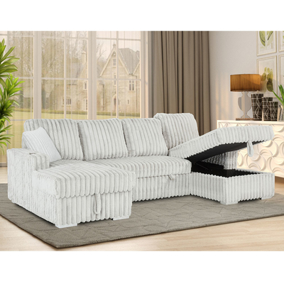 U-Shaped Sectional Sleeper Sofa with Pull Out Bed and Storage Chaise and Cup Holders, Light Gray Corduroy Fabric