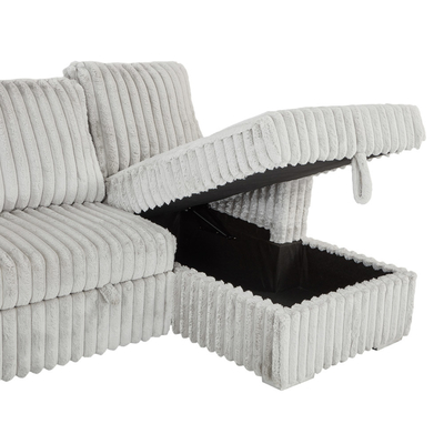 U-Shaped Sectional Sleeper Sofa with Pull Out Bed and Storage Chaise and Cup Holders, Light Gray Corduroy Fabric