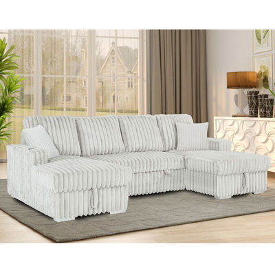U-Shaped Sectional Sleeper Sofa with Pull Out Bed and Storage Chaise and Cup Holders, Light Gray Corduroy Fabric