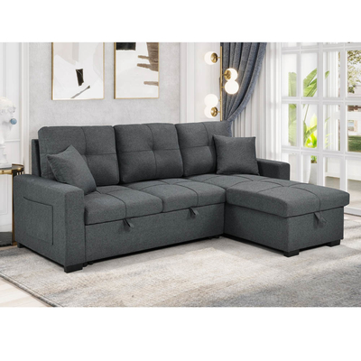 L-Shaped Reversible Sectional Sleeper Sofa with Pull-Out Bed and Storage, Neutral Gray Fabric