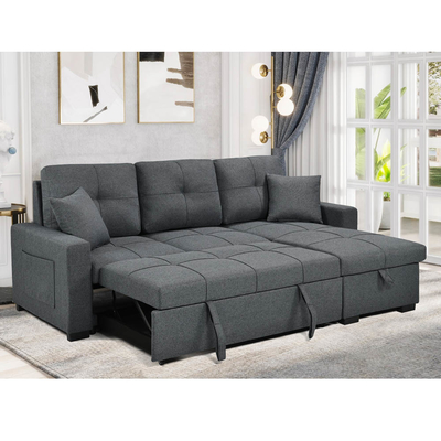 L-Shaped Reversible Sectional Sleeper Sofa with Pull-Out Bed and Storage, Neutral Gray Fabric