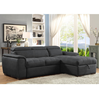 L-Shaped Sectional Sleeper Sofa with Pull-Out Bed and Adjustable Headrests and Storage Chaise, Graphite Nubuck Fabric