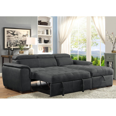 L-Shaped Sectional Sleeper Sofa with Pull-Out Bed and Adjustable Headrests and Storage Chaise, Graphite Nubuck Fabric