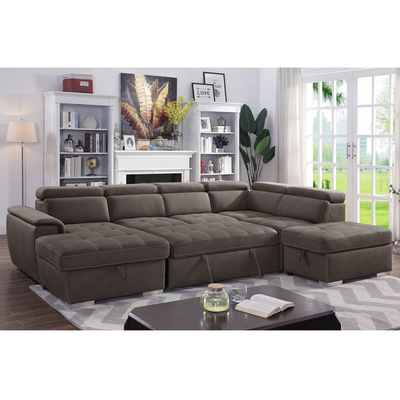 U-Shaped Sectional Sleeper Sofa with Pull Out Bed and Storage Chaise Lounge and Adjustable Headrests, Ash Brown Nubuck Fabric