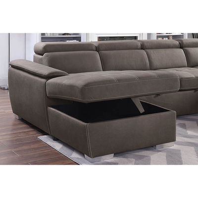 U-Shaped Sectional Sleeper Sofa with Pull Out Bed and Storage Chaise Lounge and Adjustable Headrests, Ash Brown Nubuck Fabric