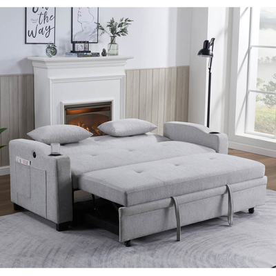 Queen Size Convertible Sleeper Sofa Bed, Comfortable Pull-Out Bed with Adjustable Backrest and USB Charging Port and Cup Holders, Futon Sofa Bed, Gray Fabric