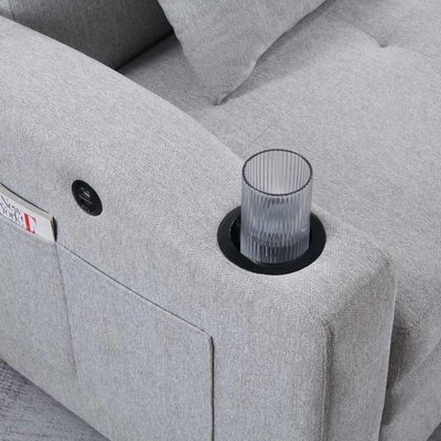 Queen Size Convertible Sleeper Sofa Bed, Comfortable Pull-Out Bed with Adjustable Backrest and USB Charging Port and Cup Holders, Futon Sofa Bed, Gray Fabric