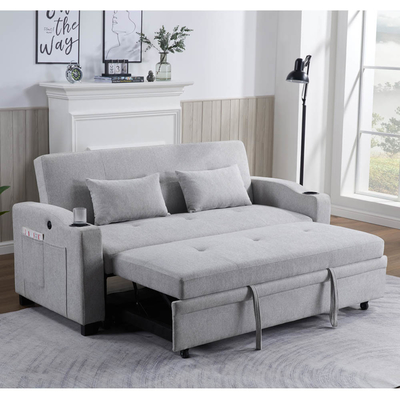 Queen Size Convertible Sleeper Sofa Bed, Comfortable Pull-Out Bed with Adjustable Backrest and USB Charging Port and Cup Holders, Futon Sofa Bed, Gray Fabric