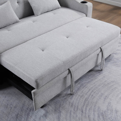 Queen Size Convertible Sleeper Sofa Bed, Comfortable Pull-Out Bed with Adjustable Backrest and USB Charging Port and Cup Holders, Futon Sofa Bed, Gray Fabric