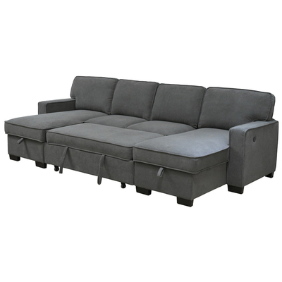U-Shaped Sectional Sleeper Sofa with Pull Out Bed and Storage Chaise and USB Charging Port and 1 Reversible Drop Down Table, Gray Chenille