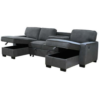 U-Shaped Sectional Sleeper Sofa with Pull Out Bed and Storage Chaise and USB Charging Port and 1 Reversible Drop Down Table, Gray Chenille