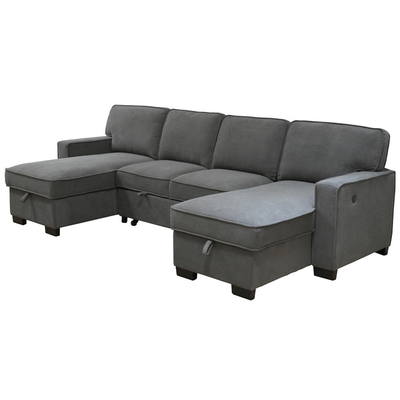 U-Shaped Sectional Sleeper Sofa with Pull Out Bed and Storage Chaise and USB Charging Port and 1 Reversible Drop Down Table, Gray Chenille