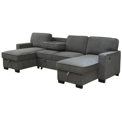 U-Shaped Sectional Sleeper Sofa with Pull Out Bed and Storage Chaise and USB Charging Port and 1 Reversible Drop Down Table, Gray Chenille