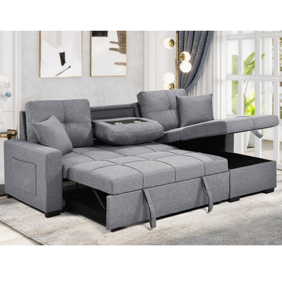 L-Shaped Reversible Sectional Sleeper Sofa with Pull-Out Bed and Storage,Gray Fabric