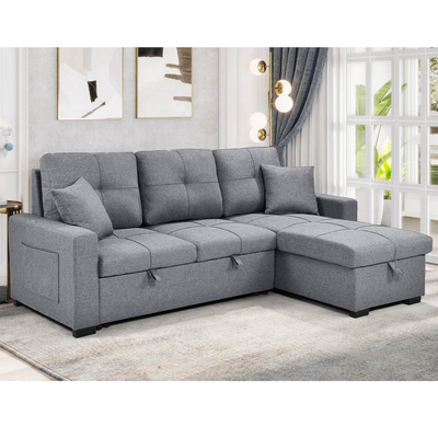 L-Shaped Reversible Sectional Sleeper Sofa with Pull-Out Bed and Storage,Gray Fabric
