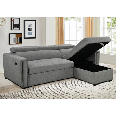 L-Shaped Reversible Sectional Sleeper Sofa with Pull-Out Bed and Storage and USB Charging Ports, Metal Gray Chenille