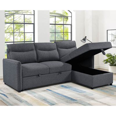 L-Shaped Reversible Sectional Sleeper Sofa with Pull-Out Bed and Storage, Neutral Gray Fabric