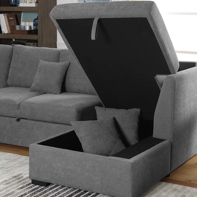 U-Shaped Sectional Sleeper Sofa with Pull Out Bed and Storage Chaise Lounge, Gray Linen Fabric