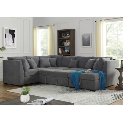 U-Shaped Sectional Sleeper Sofa with Pull Out Bed and Storage Chaise Lounge, Gray Linen Fabric