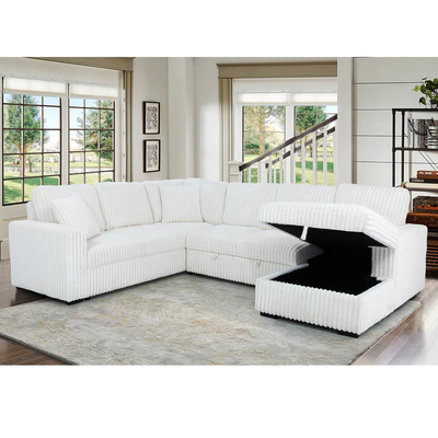 U-Shaped Sectional Sleeper Sofa with Pull Out Bed and Storage Chaise Lounge and USB Charging Port, Beige Corduroy Fabric