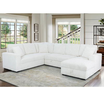 U-Shaped Sectional Sleeper Sofa with Pull Out Bed and Storage Chaise Lounge and USB Charging Port, Beige Corduroy Fabric
