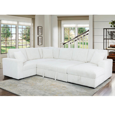 U-Shaped Sectional Sleeper Sofa with Pull Out Bed and Storage Chaise Lounge and USB Charging Port, Beige Corduroy Fabric