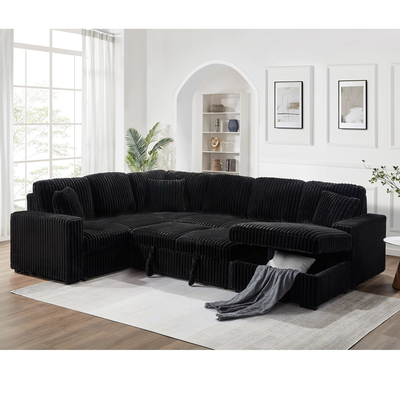 U-Shaped Sectional Sleeper Sofa with Pull Out Bed and Storage Chaise Lounge and USB Charging Port, Black Corduroy Fabric