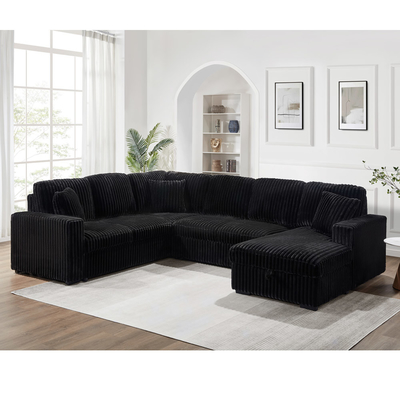 U-Shaped Sectional Sleeper Sofa with Pull Out Bed and Storage Chaise Lounge and USB Charging Port, Black Corduroy Fabric