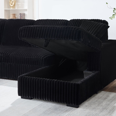 U-Shaped Sectional Sleeper Sofa with Pull Out Bed and Storage Chaise Lounge and USB Charging Port, Black Corduroy Fabric
