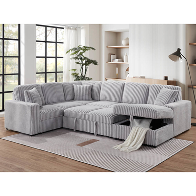 U-Shaped Sectional Sleeper Sofa with Pull Out Bed and Storage Chaise Lounge and USB Charging Port, Gray Corduroy Fabric