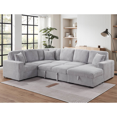 U-Shaped Sectional Sleeper Sofa with Pull Out Bed and Storage Chaise Lounge and USB Charging Port, Gray Corduroy Fabric