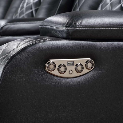 Power Recliner Corner Sofa with 2 Power Recliner Seats and 2 Power Headrests and Storage Box and Storage Arms and LED Light, Black Breathable Leatherette