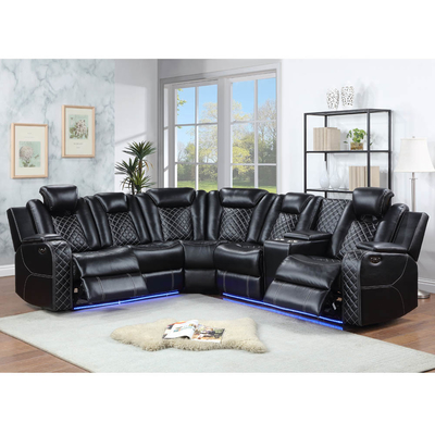 Power Recliner Corner Sofa with 2 Power Recliner Seats and 2 Power Headrests and Storage Box and Storage Arms and LED Light, Black Breathable Leatherette