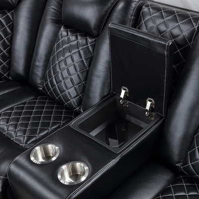 Power Recliner Corner Sofa with 2 Power Recliner Seats and 2 Power Headrests and Storage Box and Storage Arms and LED Light, Black Breathable Leatherette