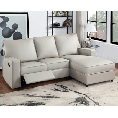 Sectional Sofa with 1 Rechliner Seat and Dropdown Table and Push Back Chaise, Light Gray Faux Leatherette