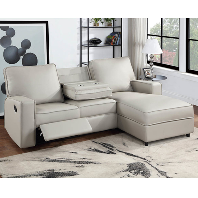 Sectional Sofa with 1 Rechliner Seat and Dropdown Table and Push Back Chaise, Light Gray Faux Leatherette