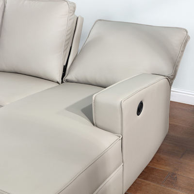 Sectional Sofa with 1 Rechliner Seat and Dropdown Table and Push Back Chaise, Light Gray Faux Leatherette