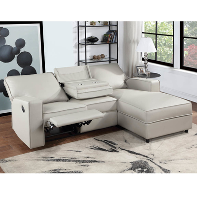 Sectional Sofa with 1 Rechliner Seat and Dropdown Table and Push Back Chaise, Light Gray Faux Leatherette