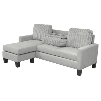 L Shaped Sectional Sofa with Dropdown Table and Reversible Chaise, Light Gray Fabric