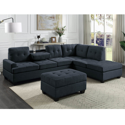 L Shaped Sectional Sofa with Dropdown Table and Reversible Chaise and Storage Ottoman, Dark Blue Linen