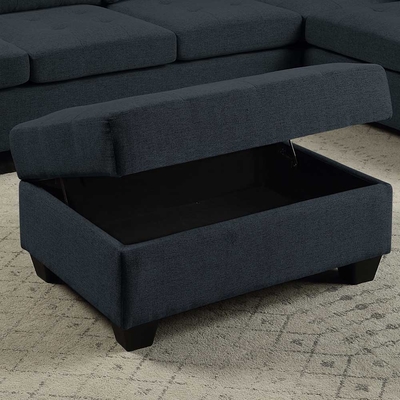L Shaped Sectional Sofa with Dropdown Table and Reversible Chaise and Storage Ottoman, Dark Blue Linen
