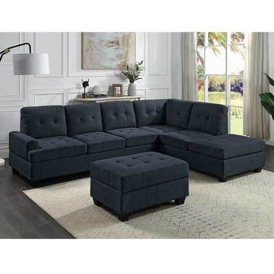 L Shaped Sectional Sofa with Dropdown Table and Reversible Chaise and Storage Ottoman, Dark Blue Linen