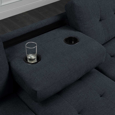 L Shaped Sectional Sofa with Dropdown Table and Reversible Chaise and Storage Ottoman, Dark Blue Linen