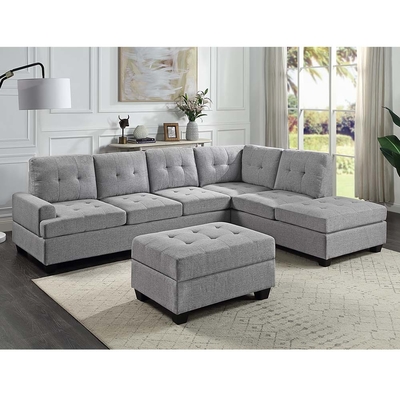 L Shaped Sectional Sofa with Dropdown Table and Reversible Chaise and Storage Ottoman, Gray Linen