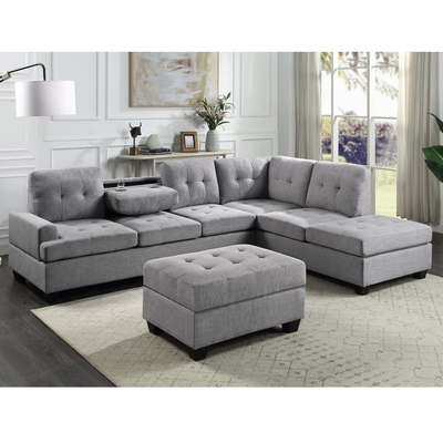 L Shaped Sectional Sofa with Dropdown Table and Reversible Chaise and Storage Ottoman, Gray Linen