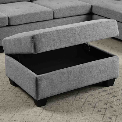 L Shaped Sectional Sofa with Dropdown Table and Reversible Chaise and Storage Ottoman, Gray Linen
